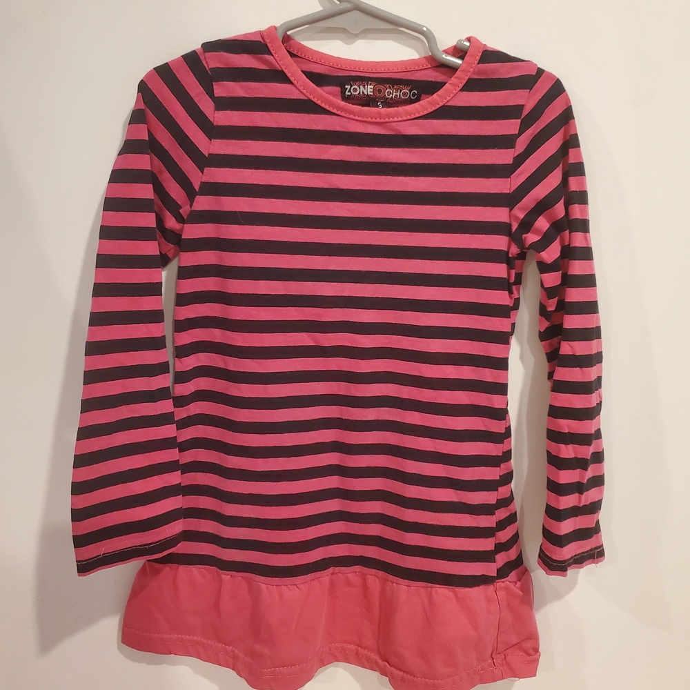 Girls' 5 Years Pink & Black Striped Long-Sleeve Ruffle-Hem Tunic Top